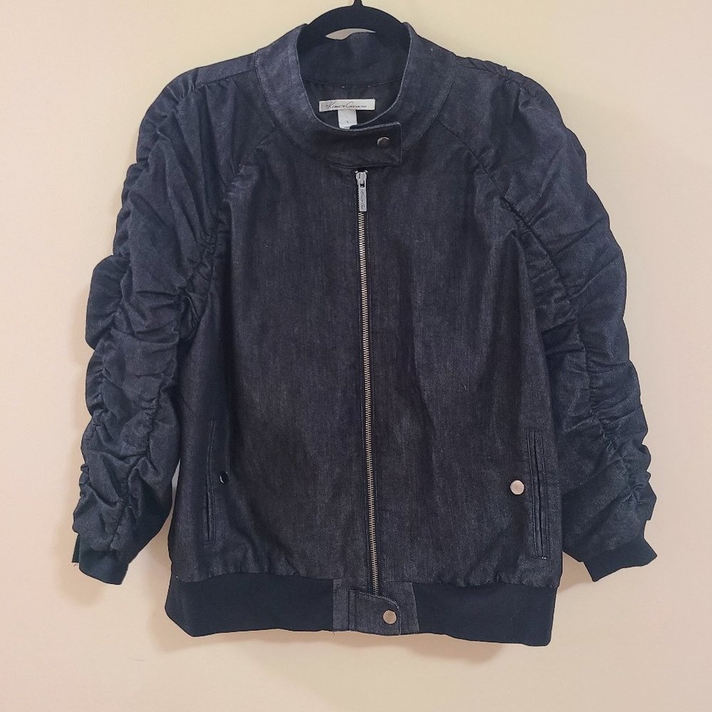 Trendy and Flattering KENNETH COLE Black Denim Bomber Jacket with Ruched Sleeves